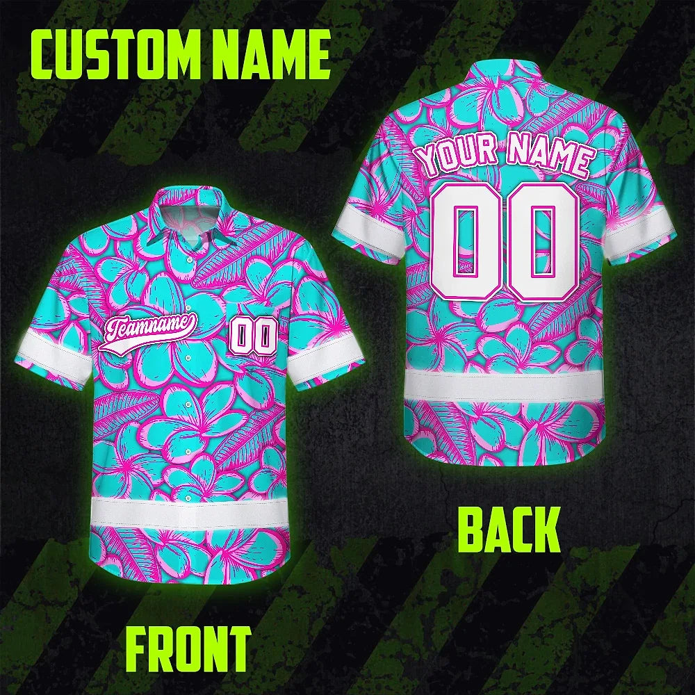 Hi Vis Team Hawaiian Shirt Reflective Tapes Blue Pink Flower 3 Custom Name And Number Safety Workwear For Baseball Team Workers, Truckers, Operators