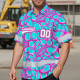 Hi Vis Team Hawaiian Shirt Reflective Tapes Blue Pink Flower 3 Custom Name And Number Safety Workwear For Baseball Team Workers, Truckers, Operators
