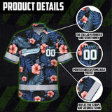 Hi Vis Team Hawaiian Shirt Reflective Tapes Blue Pink Flower Custom Name And Number Safety Workwear For Baseball Team, Workers, Truckers, Operators