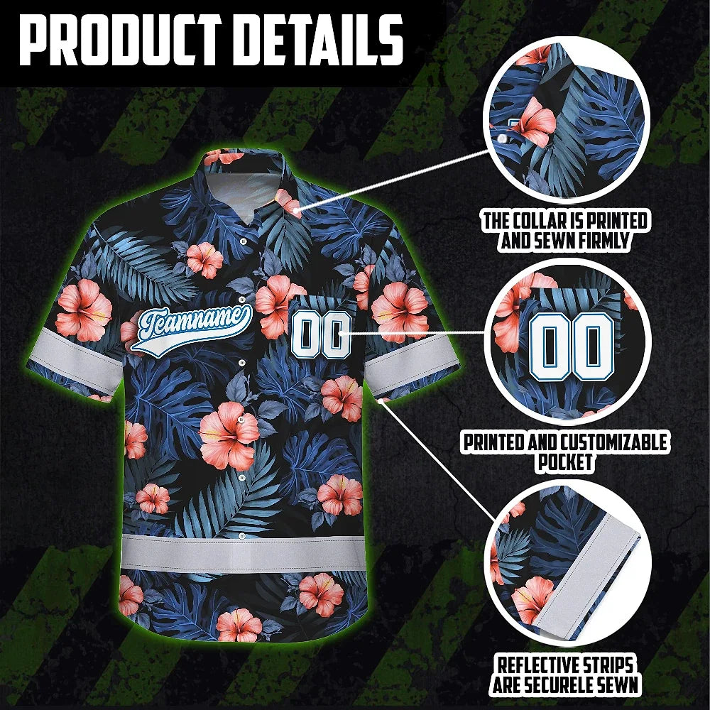 Hi Vis Team Hawaiian Shirt Reflective Tapes Blue Pink Flower Custom Name And Number Safety Workwear For Baseball Team, Workers, Truckers, Operators
