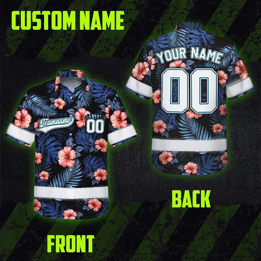 Hi Vis Team Hawaiian Shirt Reflective Tapes Blue Pink Flower Custom Name And Number Safety Workwear For Baseball Team, Workers, Truckers, Operators