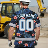 Hi Vis Team Hawaiian Shirt Reflective Tapes Blue Pink Flower Custom Name And Number Safety Workwear For Baseball Team, Workers, Truckers, Operators