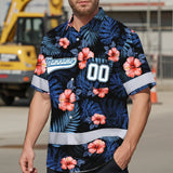 Hi Vis Team Hawaiian Shirt Reflective Tapes Blue Pink Flower Custom Name And Number Safety Workwear For Baseball Team, Workers, Truckers, Operators