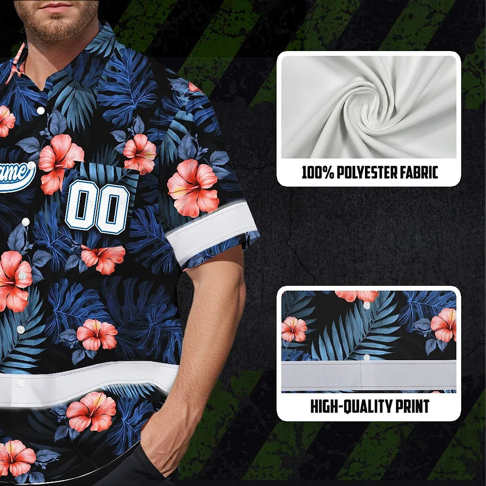 Hi Vis Team Hawaiian Shirt Reflective Tapes Blue Pink Flower Custom Name And Number Safety Workwear For Baseball Team, Workers, Truckers, Operators