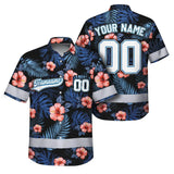 Hi Vis Team Hawaiian Shirt Reflective Tapes Blue Pink Flower Custom Name And Number Safety Workwear For Baseball Team, Workers, Truckers, Operators
