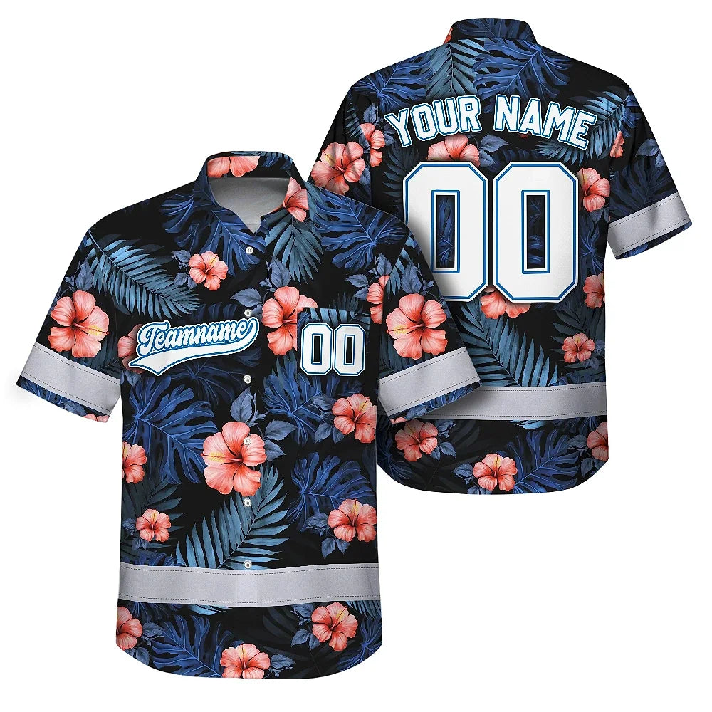 Hi Vis Team Hawaiian Shirt Reflective Tapes Blue Pink Flower Custom Name And Number Safety Workwear For Baseball Team, Workers, Truckers, Operators