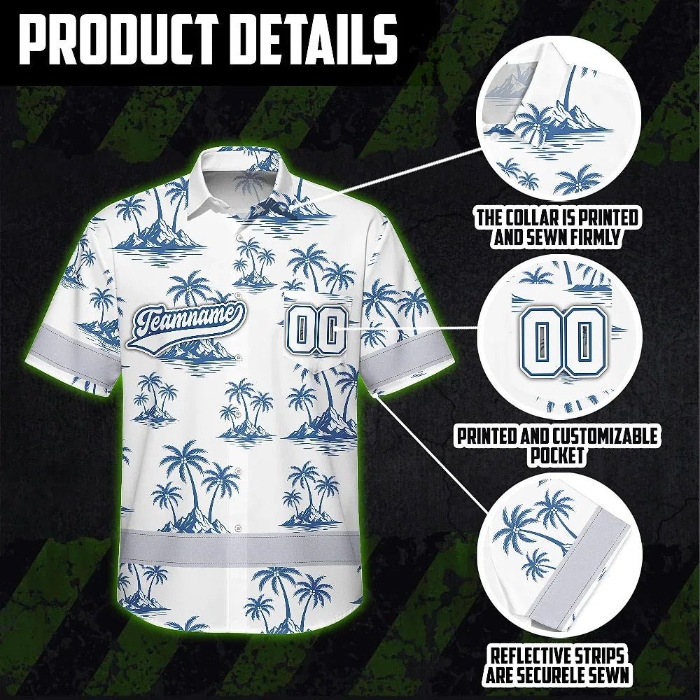 Hi Vis Team Hawaiian Shirt Reflective Tapes Blue White Tree Custom Name And Number Safety Workwear For Baseball Team Workers, Truckers, Operators