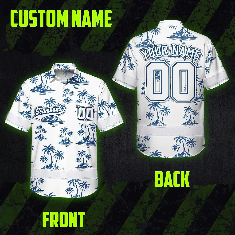 Hi Vis Team Hawaiian Shirt Reflective Tapes Blue White Tree Custom Name And Number Safety Workwear For Baseball Team Workers, Truckers, Operators