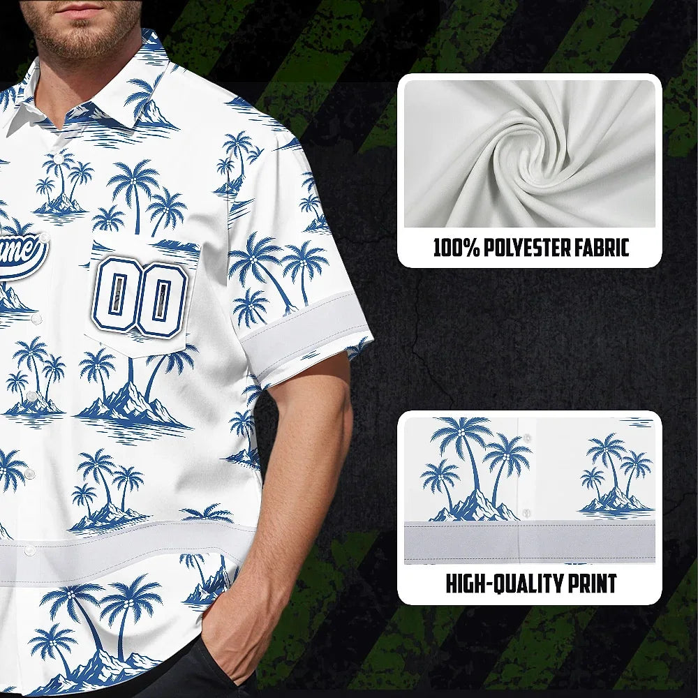 Hi Vis Team Hawaiian Shirt Reflective Tapes Blue White Tree Custom Name And Number Safety Workwear For Baseball Team Workers, Truckers, Operators