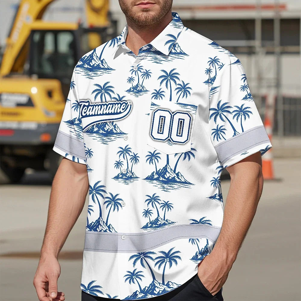 Hi Vis Team Hawaiian Shirt Reflective Tapes Blue White Tree Custom Name And Number Safety Workwear For Baseball Team Workers, Truckers, Operators