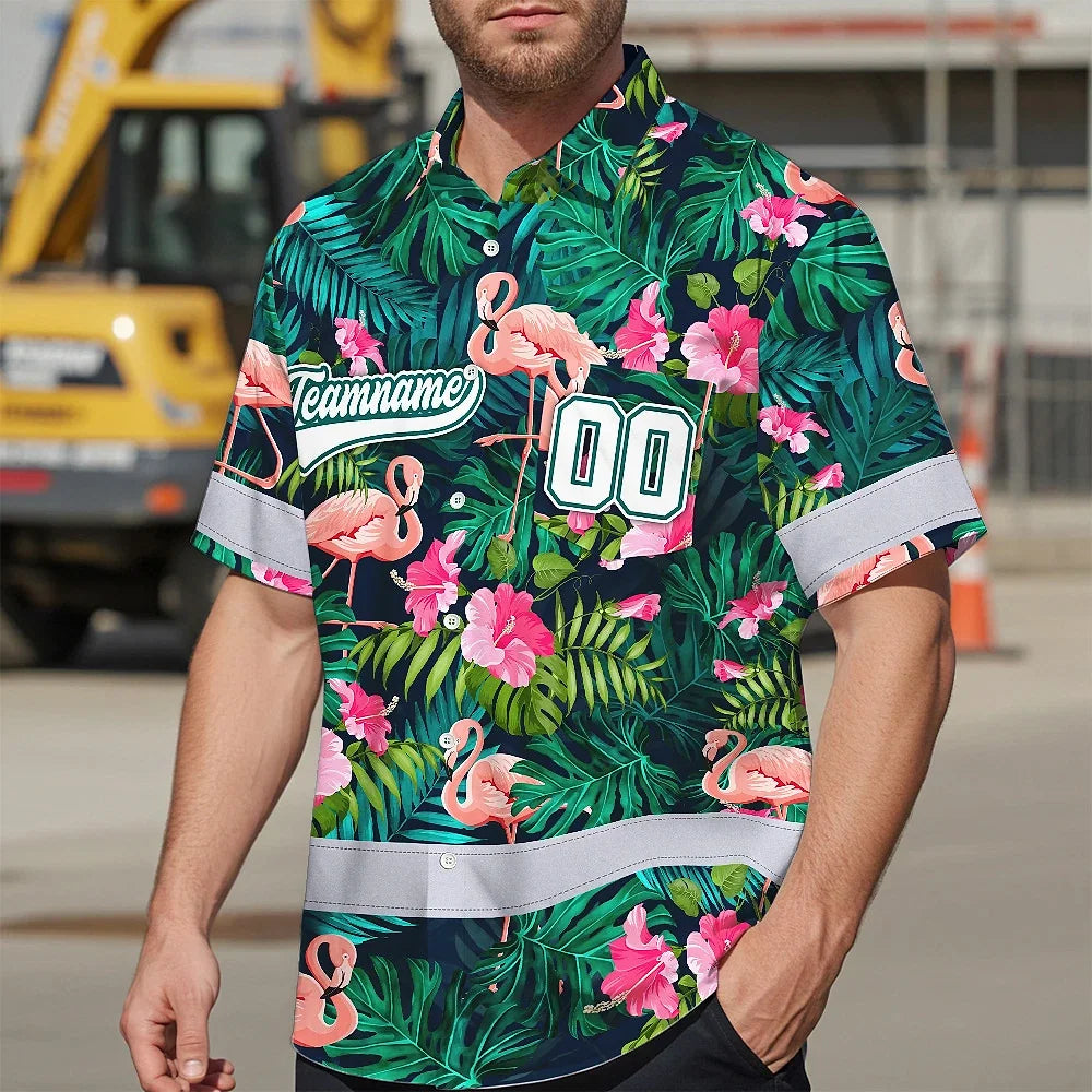 Hi Vis Team Hawaiian Shirt Reflective Tapes Flamingo Flower Custom Name And Number Safety Workwear For Workers, Truckers, Operators