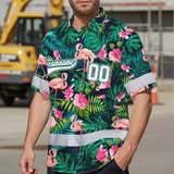 Hi Vis Team Hawaiian Shirt Reflective Tapes Flamingo Flower Custom Name And Number Safety Workwear For Workers, Truckers, Operators