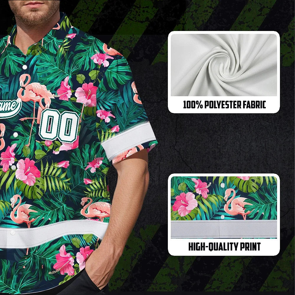 Hi Vis Team Hawaiian Shirt Reflective Tapes Flamingo Flower Custom Name And Number Safety Workwear For Workers, Truckers, Operators