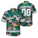 Hi Vis Team Hawaiian Shirt Reflective Tapes Flamingo Flower Custom Name And Number Safety Workwear For Workers, Truckers, Operators