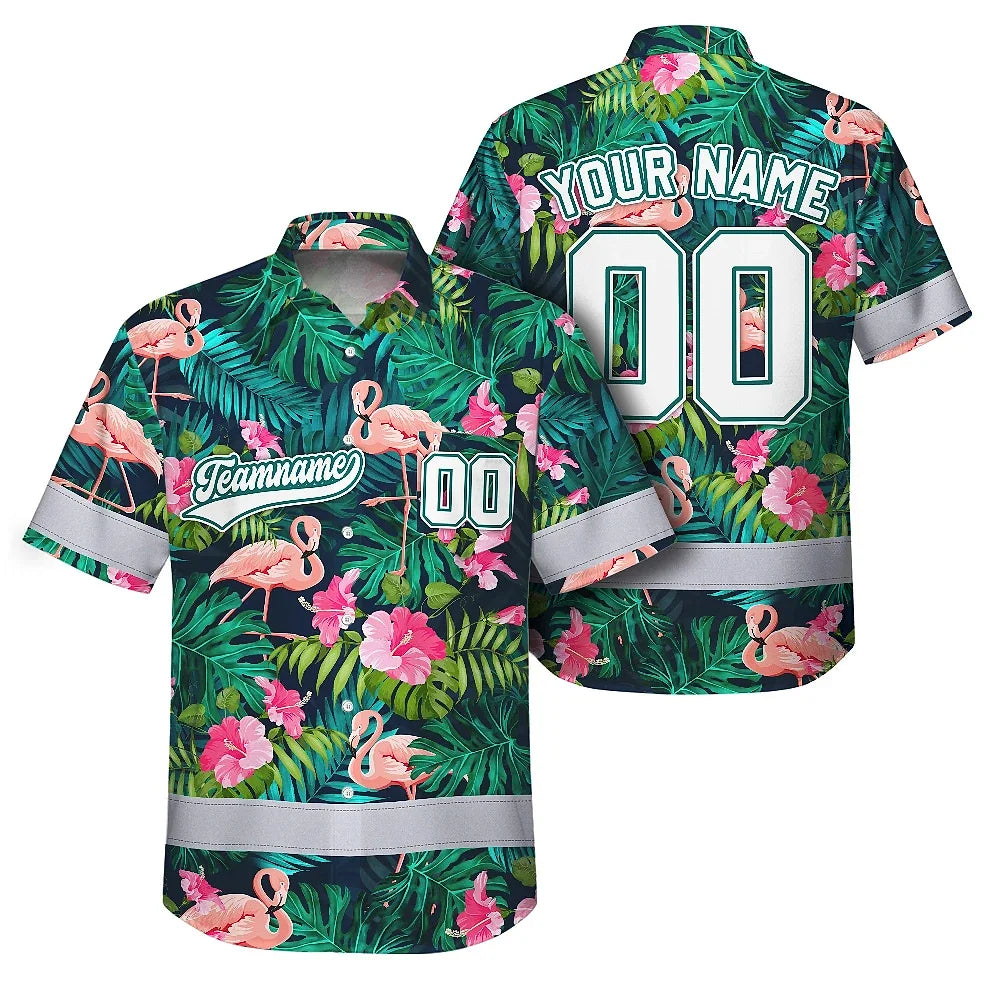 Hi Vis Team Hawaiian Shirt Reflective Tapes Flamingo Flower Custom Name And Number Safety Workwear For Workers, Truckers, Operators