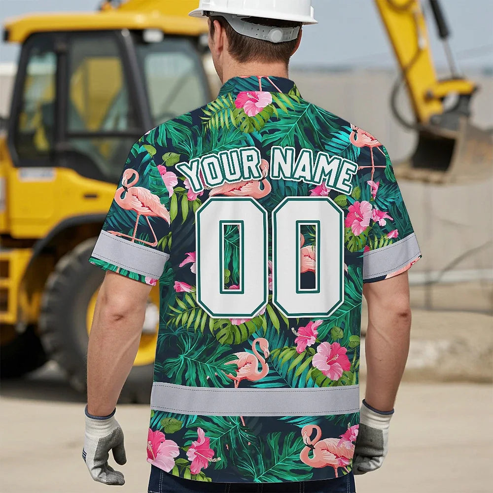 Hi Vis Team Hawaiian Shirt Reflective Tapes Flamingo Flower Custom Name And Number Safety Workwear For Workers, Truckers, Operators