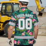 Hi Vis Team Hawaiian Shirt Reflective Tapes Flamingo Flower Custom Name And Number Safety Workwear For Workers, Truckers, Operators