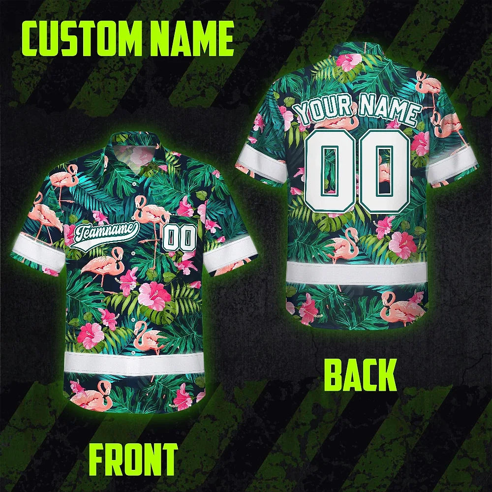 Hi Vis Team Hawaiian Shirt Reflective Tapes Flamingo Flower Custom Name And Number Safety Workwear For Workers, Truckers, Operators