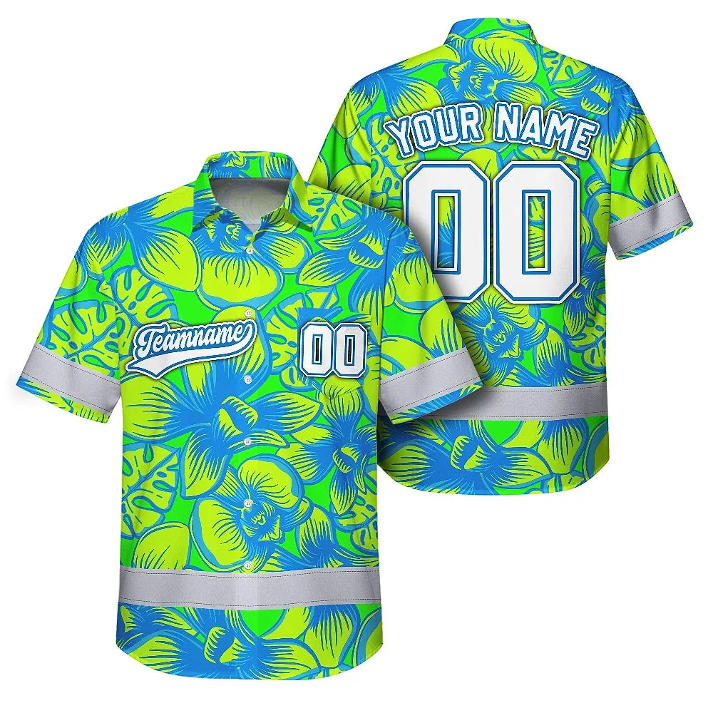 Hi Vis Team Hawaiian Shirt Reflective Tapes Green Blue Orchid Custom Name And Number Safety Workwear For Baseball Team Workers, Truckers, Operators