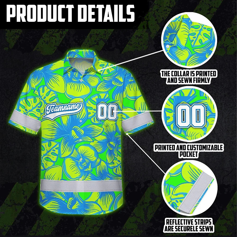 Hi Vis Team Hawaiian Shirt Reflective Tapes Green Blue Orchid Custom Name And Number Safety Workwear For Baseball Team Workers, Truckers, Operators