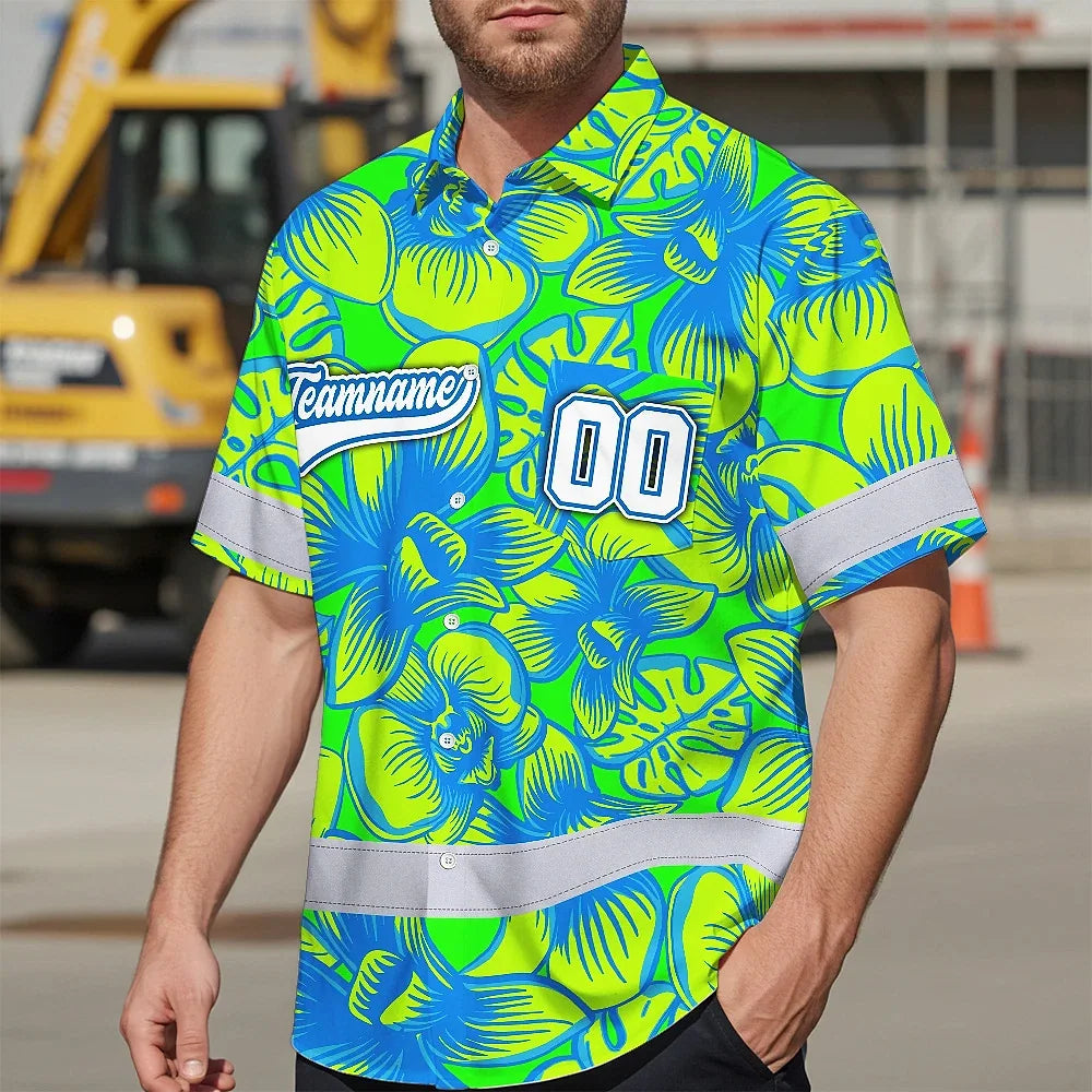 Hi Vis Team Hawaiian Shirt Reflective Tapes Green Blue Orchid Custom Name And Number Safety Workwear For Baseball Team Workers, Truckers, Operators