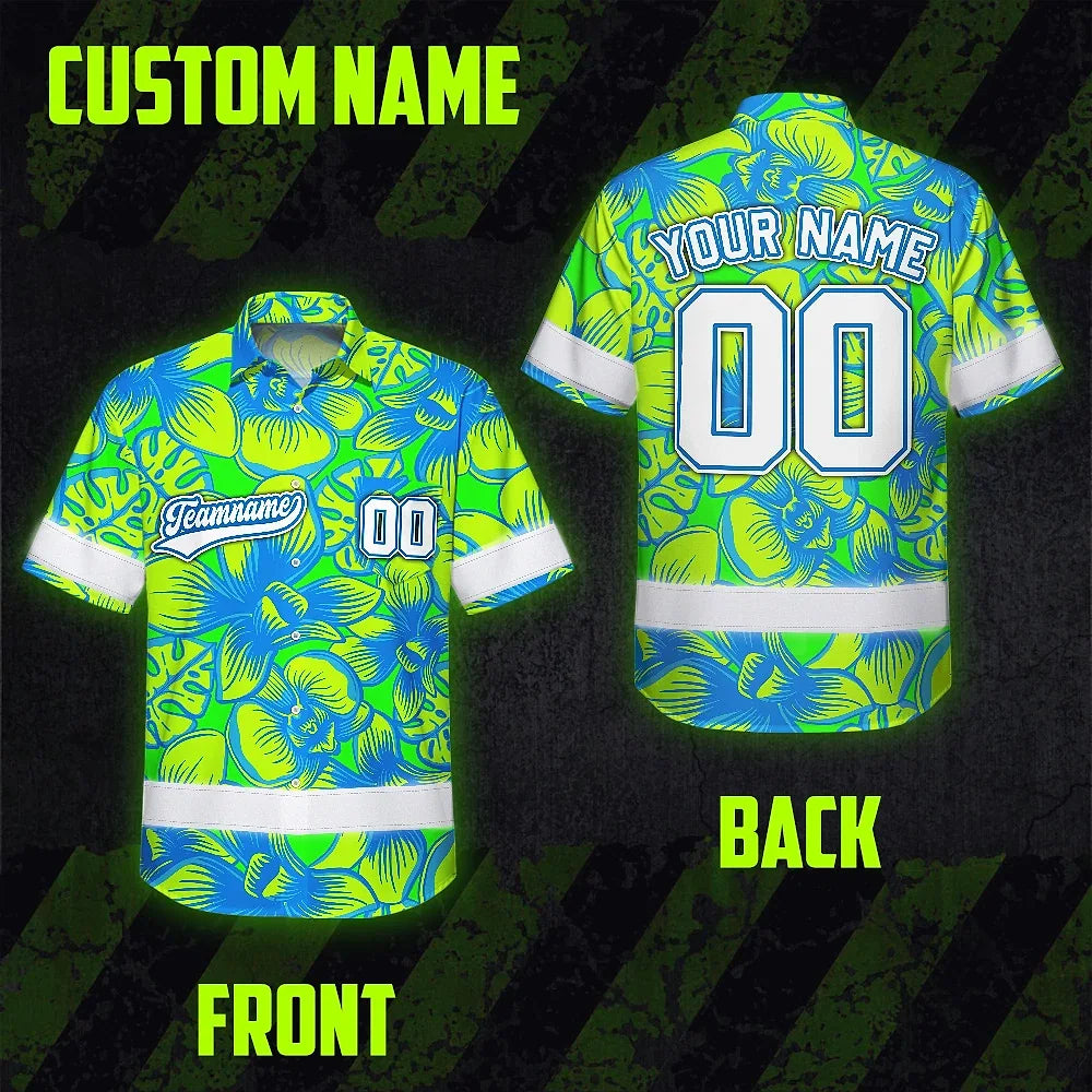Hi Vis Team Hawaiian Shirt Reflective Tapes Green Blue Orchid Custom Name And Number Safety Workwear For Baseball Team Workers, Truckers, Operators