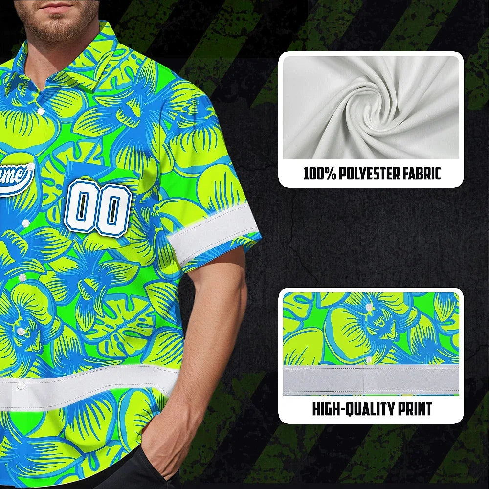 Hi Vis Team Hawaiian Shirt Reflective Tapes Green Blue Orchid Custom Name And Number Safety Workwear For Baseball Team Workers, Truckers, Operators