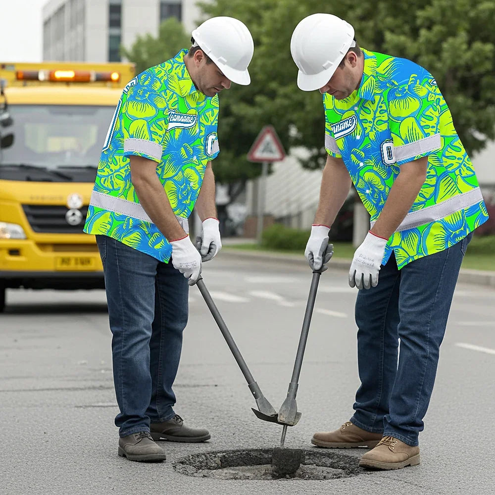 Hi Vis Team Hawaiian Shirt Reflective Tapes Green Blue Orchid Custom Name And Number Safety Workwear For Baseball Team Workers, Truckers, Operators