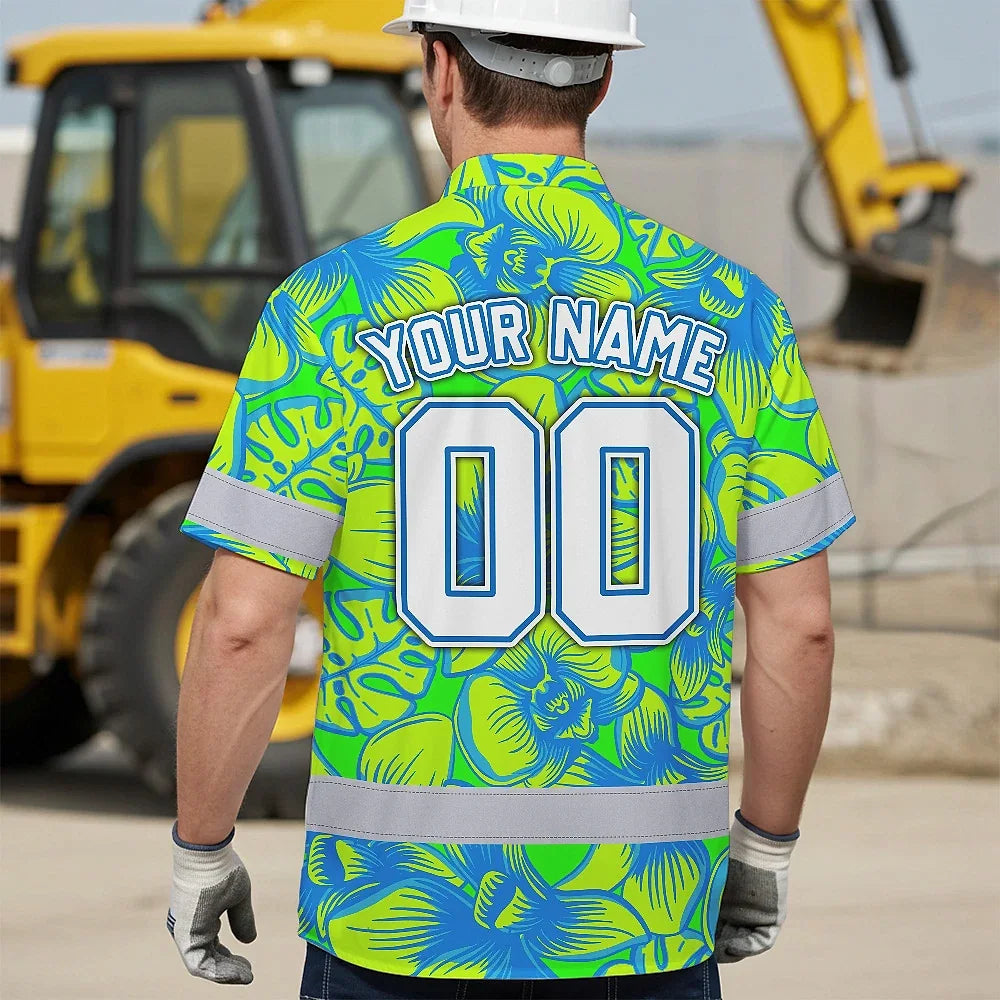 Hi Vis Team Hawaiian Shirt Reflective Tapes Green Blue Orchid Custom Name And Number Safety Workwear For Baseball Team Workers, Truckers, Operators