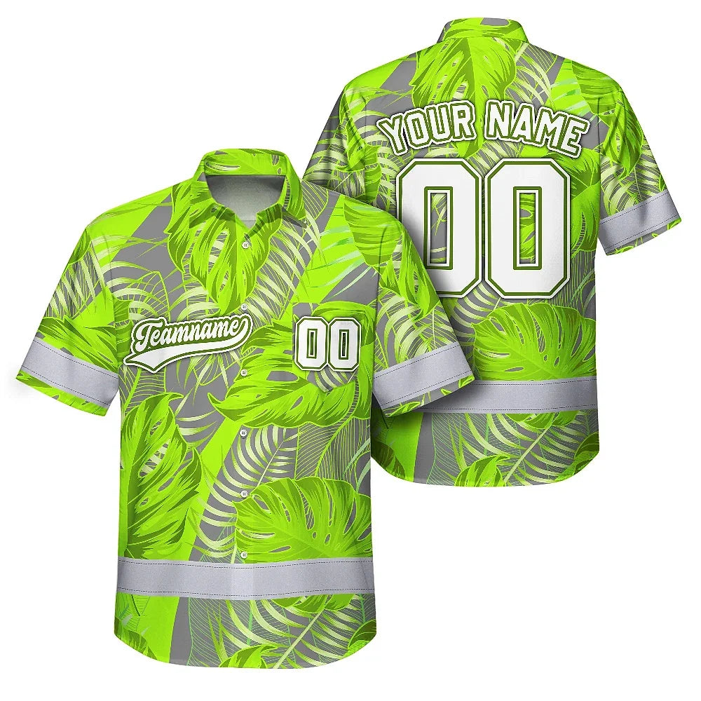 Hi Vis Team Hawaiian Shirt Reflective Tapes Green Gray Leaf Custom Name And Number Safety Workwear For Baseball Team Workers, Truckers, Operators