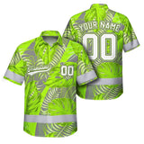 Hi Vis Team Hawaiian Shirt Reflective Tapes Green Gray Leaf Custom Name And Number Safety Workwear For Baseball Team Workers, Truckers, Operators