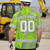 Hi Vis Team Hawaiian Shirt Reflective Tapes Green Gray Leaf Custom Name And Number Safety Workwear For Baseball Team Workers, Truckers, Operators