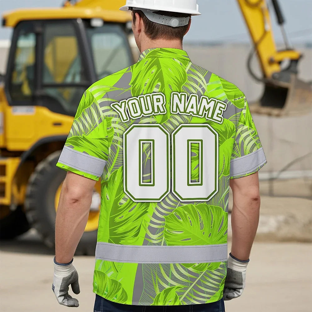 Hi Vis Team Hawaiian Shirt Reflective Tapes Green Gray Leaf Custom Name And Number Safety Workwear For Baseball Team Workers, Truckers, Operators