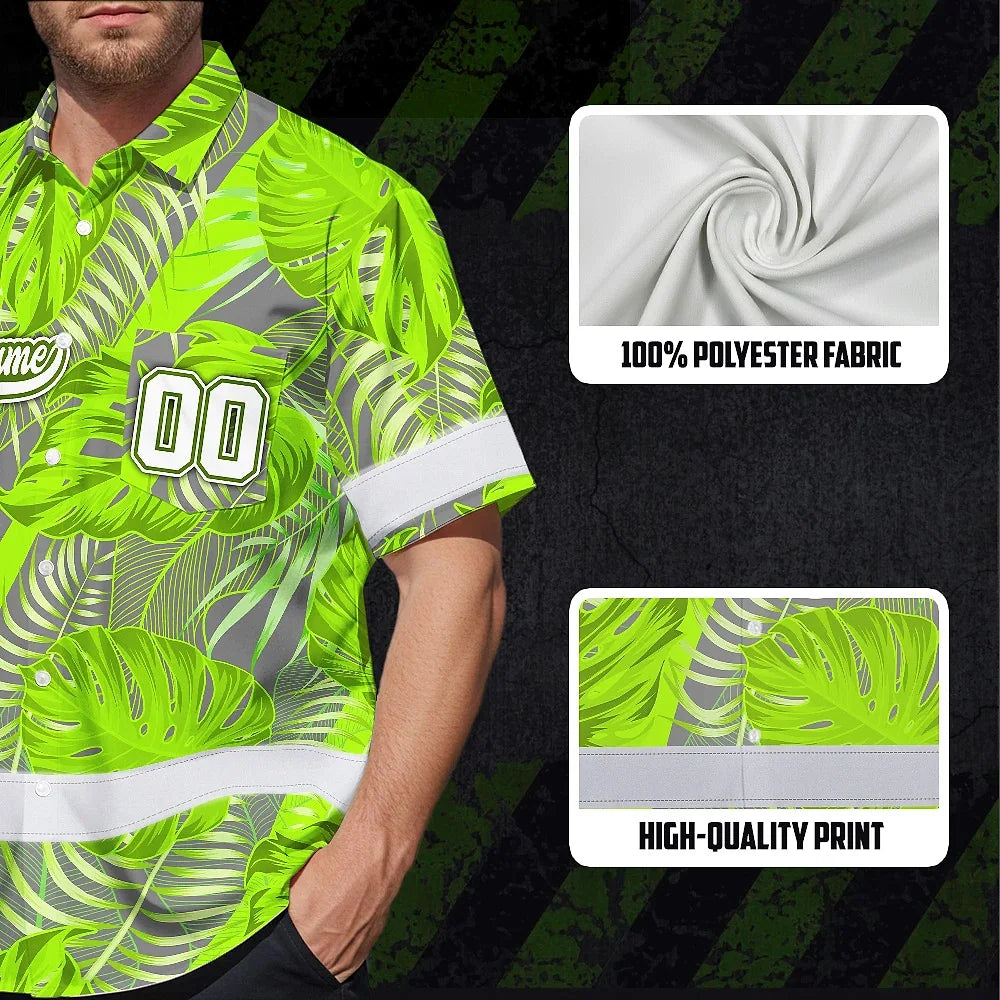 Hi Vis Team Hawaiian Shirt Reflective Tapes Green Gray Leaf Custom Name And Number Safety Workwear For Baseball Team Workers, Truckers, Operators