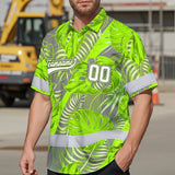 Hi Vis Team Hawaiian Shirt Reflective Tapes Green Gray Leaf Custom Name And Number Safety Workwear For Baseball Team Workers, Truckers, Operators