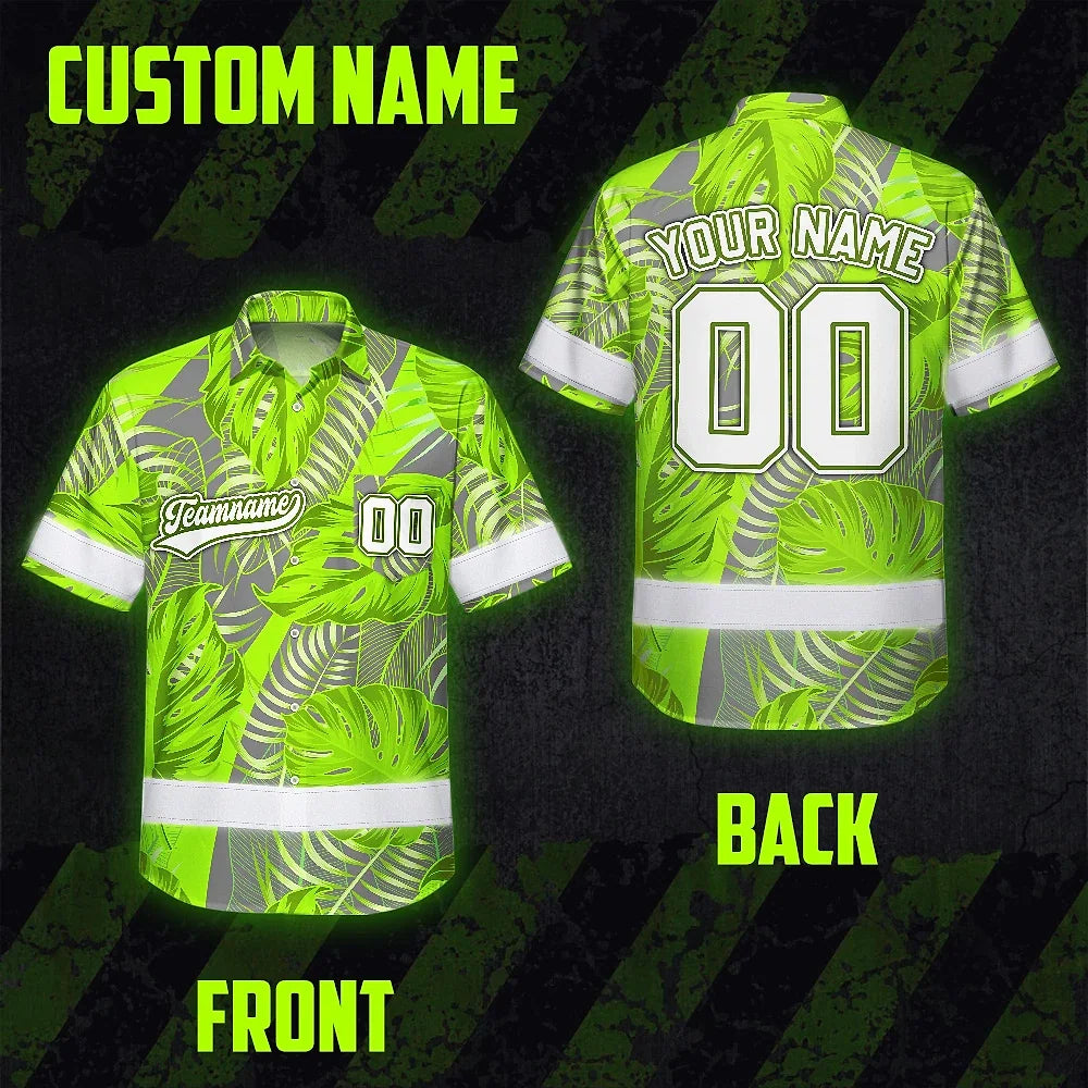 Hi Vis Team Hawaiian Shirt Reflective Tapes Green Gray Leaf Custom Name And Number Safety Workwear For Baseball Team Workers, Truckers, Operators