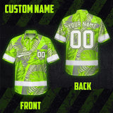 Hi Vis Team Hawaiian Shirt Reflective Tapes Green Gray Leaf Custom Name And Number Safety Workwear For Baseball Team Workers, Truckers, Operators