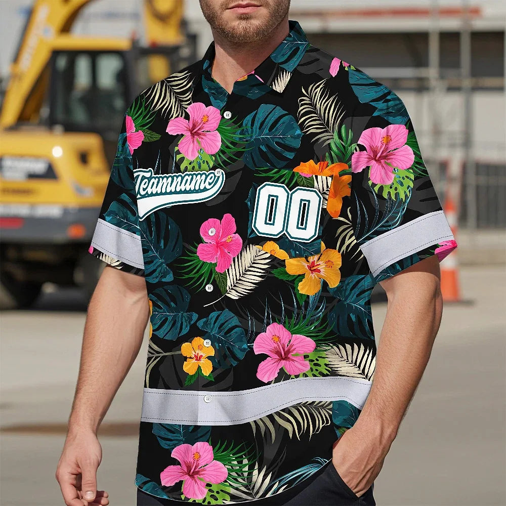 Hi Vis Team Hawaiian Shirt Reflective Tapes Green Pink Flower Custom Name And Number Safety Workwear For Baseball Team Workers, Truckers, Operators