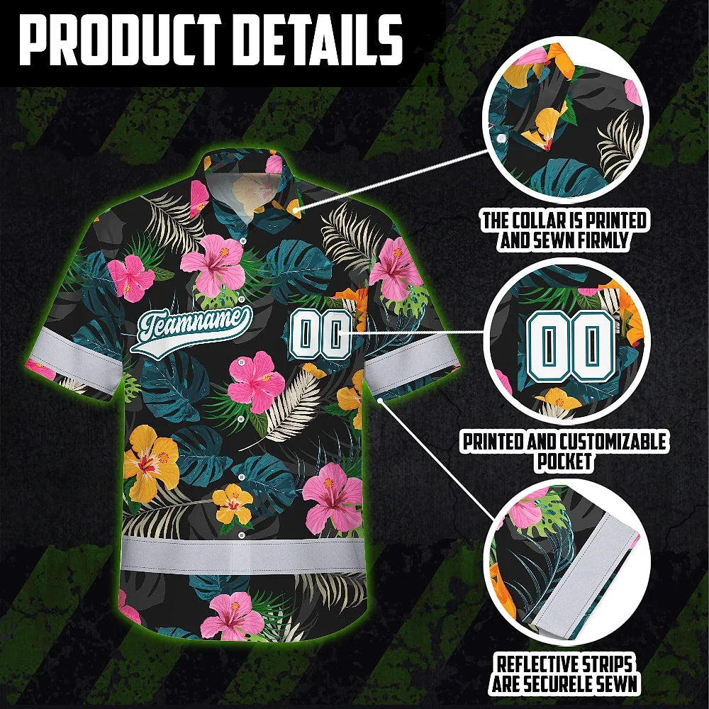 Hi Vis Team Hawaiian Shirt Reflective Tapes Green Pink Flower Custom Name And Number Safety Workwear For Baseball Team Workers, Truckers, Operators