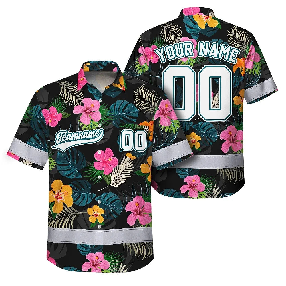 Hi Vis Team Hawaiian Shirt Reflective Tapes Green Pink Flower Custom Name And Number Safety Workwear For Baseball Team Workers, Truckers, Operators