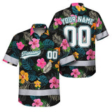 Hi Vis Team Hawaiian Shirt Reflective Tapes Green Pink Flower Custom Name And Number Safety Workwear For Baseball Team Workers, Truckers, Operators