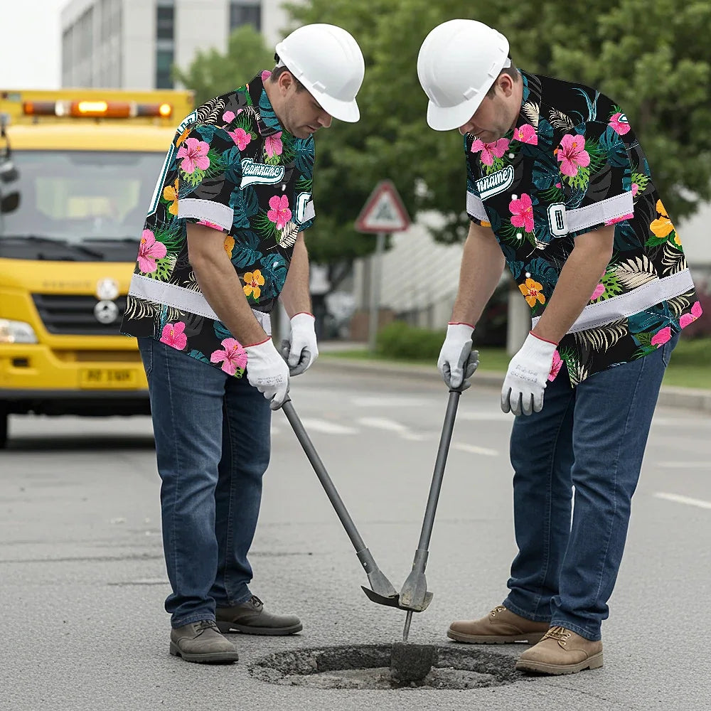 Hi Vis Team Hawaiian Shirt Reflective Tapes Green Pink Flower Custom Name And Number Safety Workwear For Baseball Team Workers, Truckers, Operators