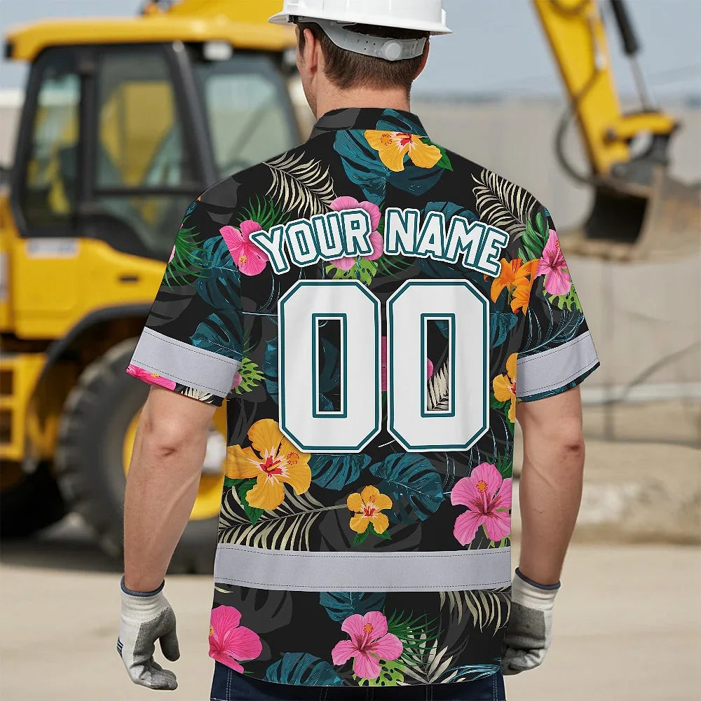 Hi Vis Team Hawaiian Shirt Reflective Tapes Green Pink Flower Custom Name And Number Safety Workwear For Baseball Team Workers, Truckers, Operators