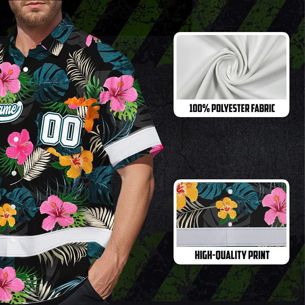 Hi Vis Team Hawaiian Shirt Reflective Tapes Green Pink Flower Custom Name And Number Safety Workwear For Baseball Team Workers, Truckers, Operators