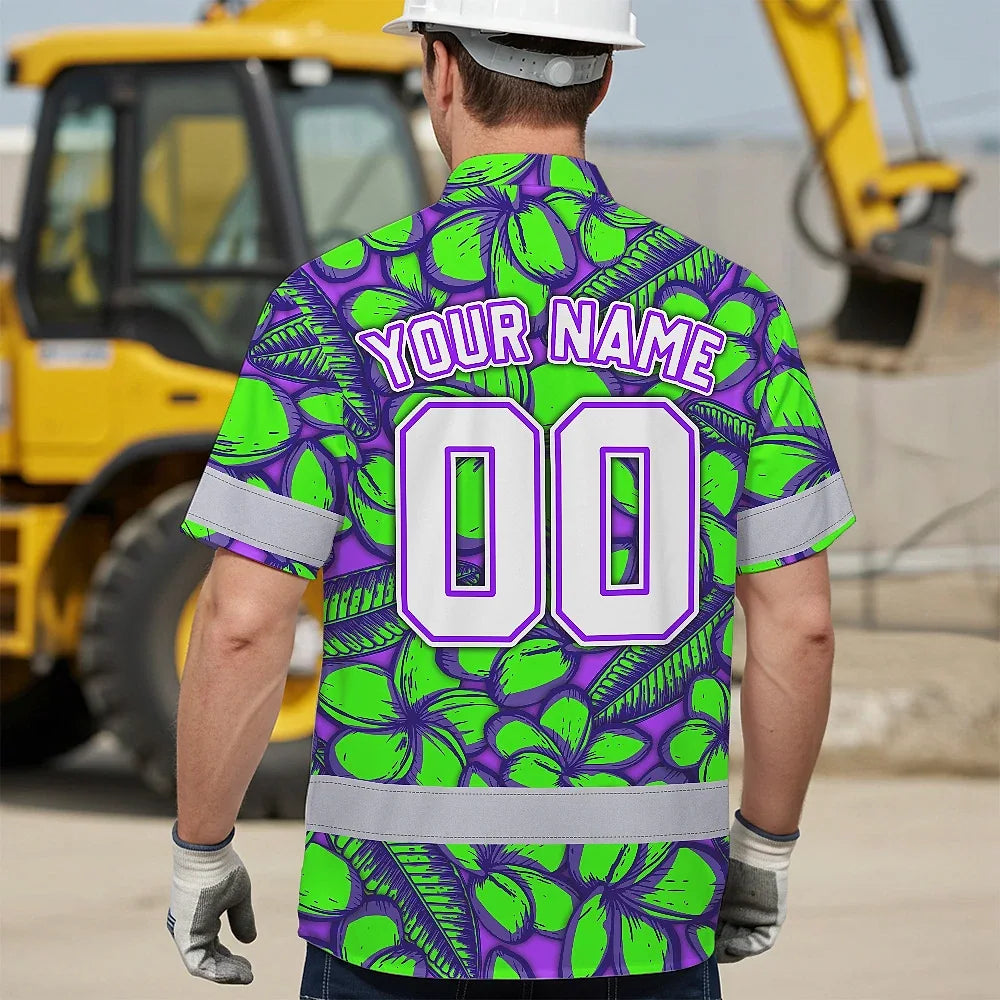 Hi Vis Team Hawaiian Shirt Reflective Tapes Green Violet Flower Custom Name And Number Safety Workwear For Baseball Team Workers, Truckers, Operators