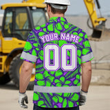 Hi Vis Team Hawaiian Shirt Reflective Tapes Green Violet Flower Custom Name And Number Safety Workwear For Baseball Team Workers, Truckers, Operators