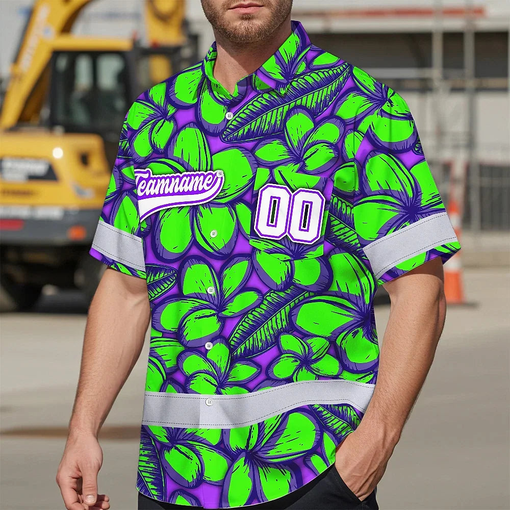 Hi Vis Team Hawaiian Shirt Reflective Tapes Green Violet Flower Custom Name And Number Safety Workwear For Baseball Team Workers, Truckers, Operators