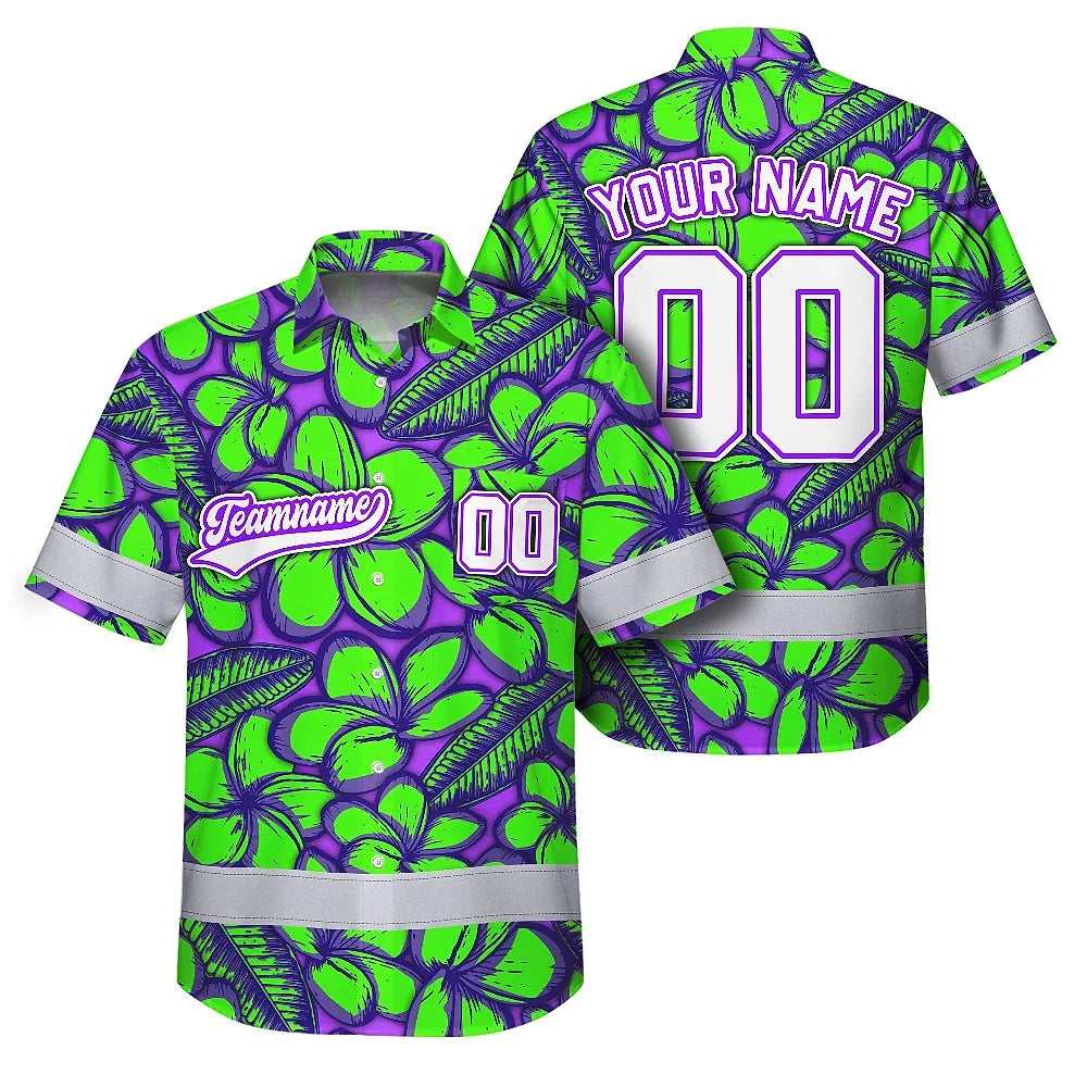 Hi Vis Team Hawaiian Shirt Reflective Tapes Green Violet Flower Custom Name And Number Safety Workwear For Baseball Team Workers, Truckers, Operators