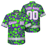 Hi Vis Team Hawaiian Shirt Reflective Tapes Green Violet Flower Custom Name And Number Safety Workwear For Baseball Team Workers, Truckers, Operators