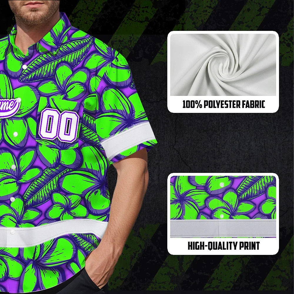 Hi Vis Team Hawaiian Shirt Reflective Tapes Green Violet Flower Custom Name And Number Safety Workwear For Baseball Team Workers, Truckers, Operators